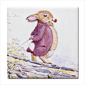 May include: A watercolor illustration of a brown rabbit walking along a stone wall. The rabbit wears a purple jacket over a yellow striped waistcoat and holds a thin stick in one hand while a small brown pipe is held in its mouth.