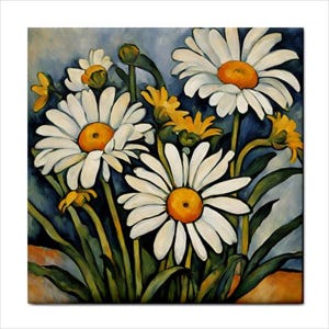 May include: A painting of daisies with white petals and orange centres. Yellow flowers and green leaves are also visible against a blue background. The artwork has a square format and a textured appearance.