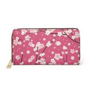 Cherry Blossoms Sakura Flower Japanese Pattern Faux Leather Zipper Wallet