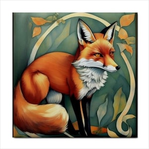 May include: A painting of a red fox with a white chest and a bushy tail, sitting in a green and gold leafy background.