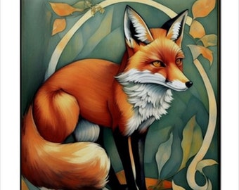 May include: A digital illustration of a red fox with a white chest and black legs, positioned within a circular frame. The fox has amber eyes and a bushy tail, set against a muted green background with stylized orange leaves and curved lines.