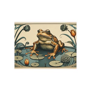 May include: An Art Nouveau style illustration of a frog in a pond. The frog is brown with darker spots, and the pond is a muted teal. Lily pads and flowers surround the frog in the image.
