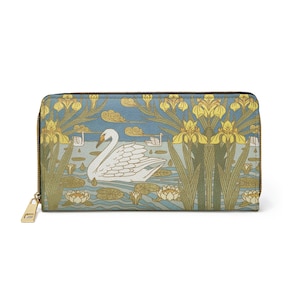Swan Art Nouveau Zipper Wallet Faux Leather Cruelty Free