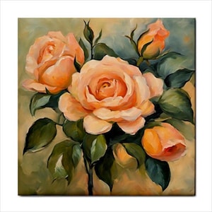 May include: Oil painting of peach-colored roses in full bloom, with several buds and green leaves. The artwork has a soft, painterly style, with a warm color palette of peach, green, and yellow. The roses are the focal point.