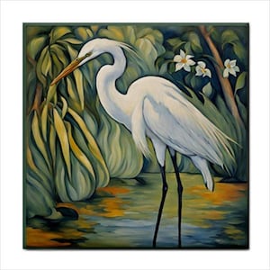 May include: A white egret with a long, thin beak stands in a pond surrounded by lush green foliage. The egret's feathers are white and its legs are black. The background is a blur of green and brown.