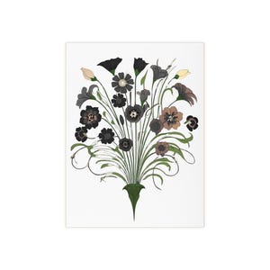 Puede incluir: Ilustración floral con un ramo de flores estilizadas en tonos negro, gris y marrón, con tallos y hojas verdes. El arreglo está sobre un fondo blanco, y las flores están en un jarrón verde.