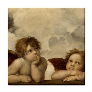 May include: A painting featuring two cherubs with light brown hair and small wings, resting their arms on a ledge. The cherub on the left rests a chin on a hand while looking upward, and the cherub on the right looks forward against a cloudy sky.