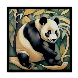 May include: A black and white panda bear sitting in a lush green bamboo forest. The panda is looking to the right and has a relaxed expression. The background is a vibrant green with yellow and brown accents.