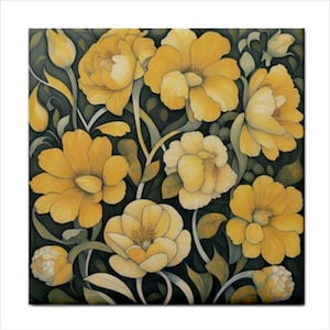 Yellow Wildflowers Ceramic Tile Art Nouveau Style Backsplash Home Wall Decor 4.25x4.25 Inches