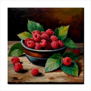 May include: A painting depicting a bowl of red raspberries and green leaves. The bowl is dark with a brown rim, and the berries are spilling onto a wooden surface. The background is a dark, blended mix of colours. The image evokes a rustic feel.