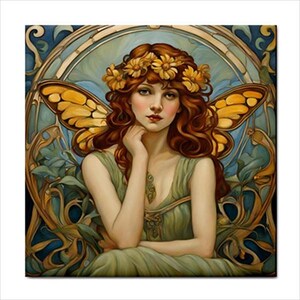 May include: A painting of a woman with red hair and a crown of yellow flowers. She has butterfly wings and is wearing a green dress. The background is a blue and gold art nouveau design.