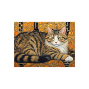 May include: A detailed painting of a tabby cat with brown and black stripes, white chest, and green eyes. The cat is lying down on a decorative background with orange and gold tones. The artwork has a vintage, artistic style.
