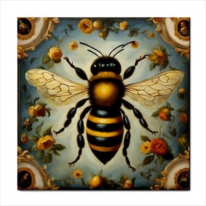 May include: A detailed painting of a bee with black and yellow stripes, surrounded by yellow and red flowers on a blue background.