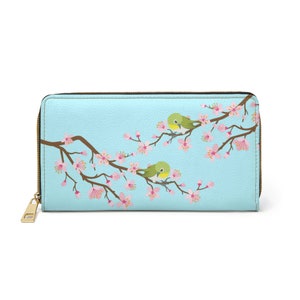 Birds On Cherry Blossom Branch Zipper Wallet Faux Leather Cruelty Free