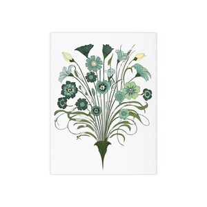 Peut inclure: Illustration florale d'un bouquet de fleurs stylisées dans des tons de vert et de sarcelle. L'arrangement comprend diverses formes et tailles de fleurs, avec de longues tiges fines et des feuilles. L'œuvre est sur fond blanc.