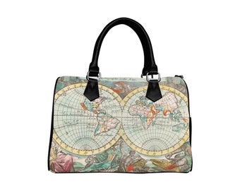 World Map Vintage Art Boston Handbag 13x9 Inches Canvas PU Leather Vegan