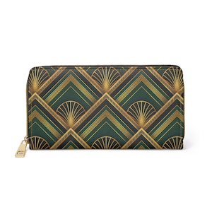Green Gold Art Deco Pattern Faux Leather Zipper Wallet
