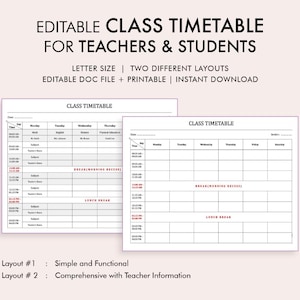 Puede incluir: Dos plantillas de horario de clase imprimibles en blanco y negro. La primera plantilla es simple y funcional, mientras que la segunda plantilla es completa con información del profesor. Ambas plantillas incluyen columnas para clase, día, hora, lunes, martes, miércoles, jueves, viernes, sábado y asignatura. Las plantillas también incluyen filas para el descanso (receso de la mañana) y el almuerzo.