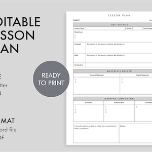Lesson Plan Template, Teacher Lesson Plan, Instant Download, Black and White, Printable simple lesson plan, editable lesson plan, digital