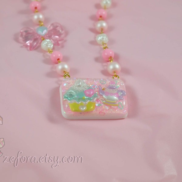 Kawaii Pastel Teacup And Cupcake Resin Beaded Necklace