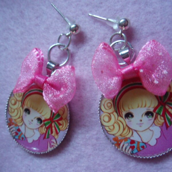 Vintage Anime Blonde Hair Girl Round Cameo And Bow Earrings