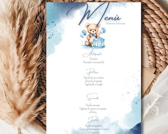 Menù digitale stampabile - Menù Battesimo digitale - Menù tema Orsetto - Menù stampabile con grafica personalizzata - Battesimo
