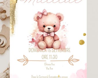 Digital Teddy Bear Baptism Invitation | Personalized | WhatsApp Invitation and Print | Baby Girl Baptism | PDF/PNG