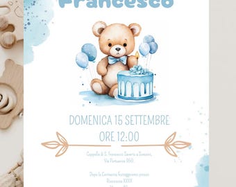 Digital Teddy Bear Baptism Invitation | Personalized | WhatsApp Invitation and Print | Baby Baptism | PDF/PNG