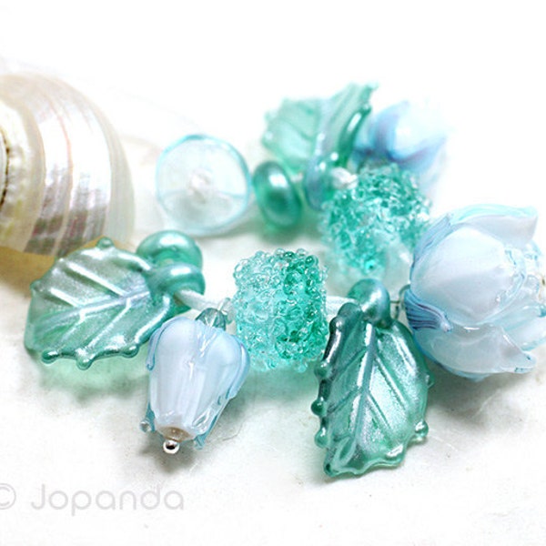 Lampwork by JOPANDA  Roses Aqua Green Silver Look Necklace