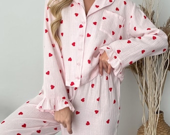 Muslin Pajama Set Women – Cotton Loungewear Gift, Breathable Sleepwear, Christmas Pajamas, Cozy Natural Fabric Nightwear
