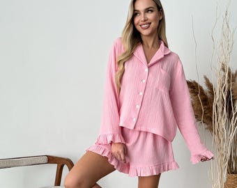 Ensemble de pyjama en mousseline de soie à volants