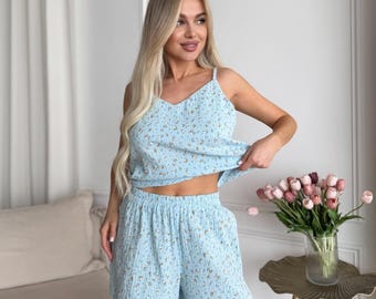 Ensemble de pyjama bleu en mousseline à fleurs pour femme pyjama en gaze de coton pour femme vêtements de nuit d'été doux ensemble de salon mignon cadeau pour elle pyjama de demoiselle d'honneur