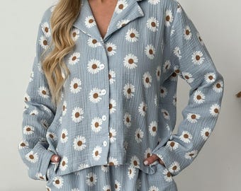 Ensemble de pyjama en gaze de coton, Vêtements de nuit en mousseline pour femmes, Ensemble de détente respirant, Pyjama en coton doux, Tenue de voyage