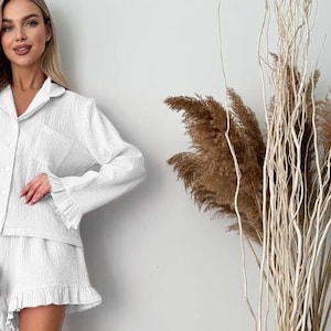 cotton robes,  cotton pajamas, something blue, pajamas cotton, getting ready outfit, bachelorette pjs, bridesmaid pj cotton, Muslin Pajama