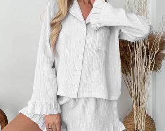 Ensemble pyjama en mousseline de coton 100 % biologique avec volants, pyjama de mariage, pyjama de mariée, vêtement d'intérieur, pyjama double gaze, pyjama en coton froissé