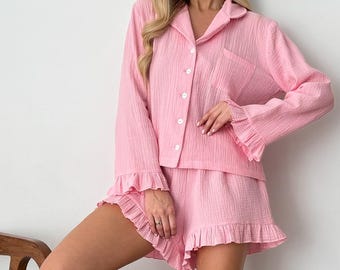 Ensemble pyjama froissé en coton bio, vêtements de nuit pour demoiselles d'honneur de mariée, chemise short à volants