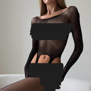 Body de rejilla con pedrería, mono de malla negro para mujer, traje de festival de manga larga, body elástico, atuendo llamativo