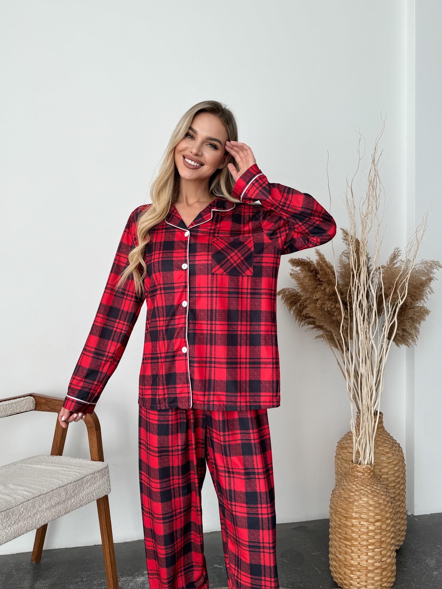 Anjue Women's Plaid Pajama Set - Short Sleeve Sleepwear With Pockets, Soft Bamboo Blend Loungewear