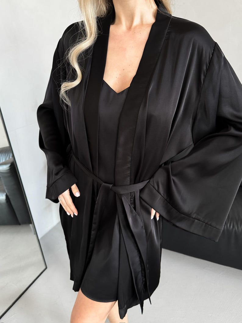 Sating Robe Black Satin Robe and Slip Nightgown Set • Elegant Women’s Loungewear ...