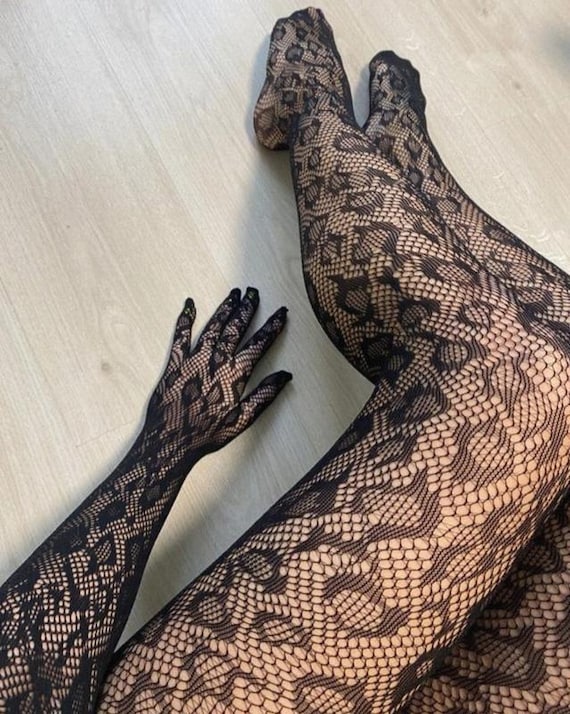 leo Print Lace Body Suit Long Sleeve with Gloves | Edgy Layering Piece for Women | Chic Mock Neck Catsuit Fashion Editorial