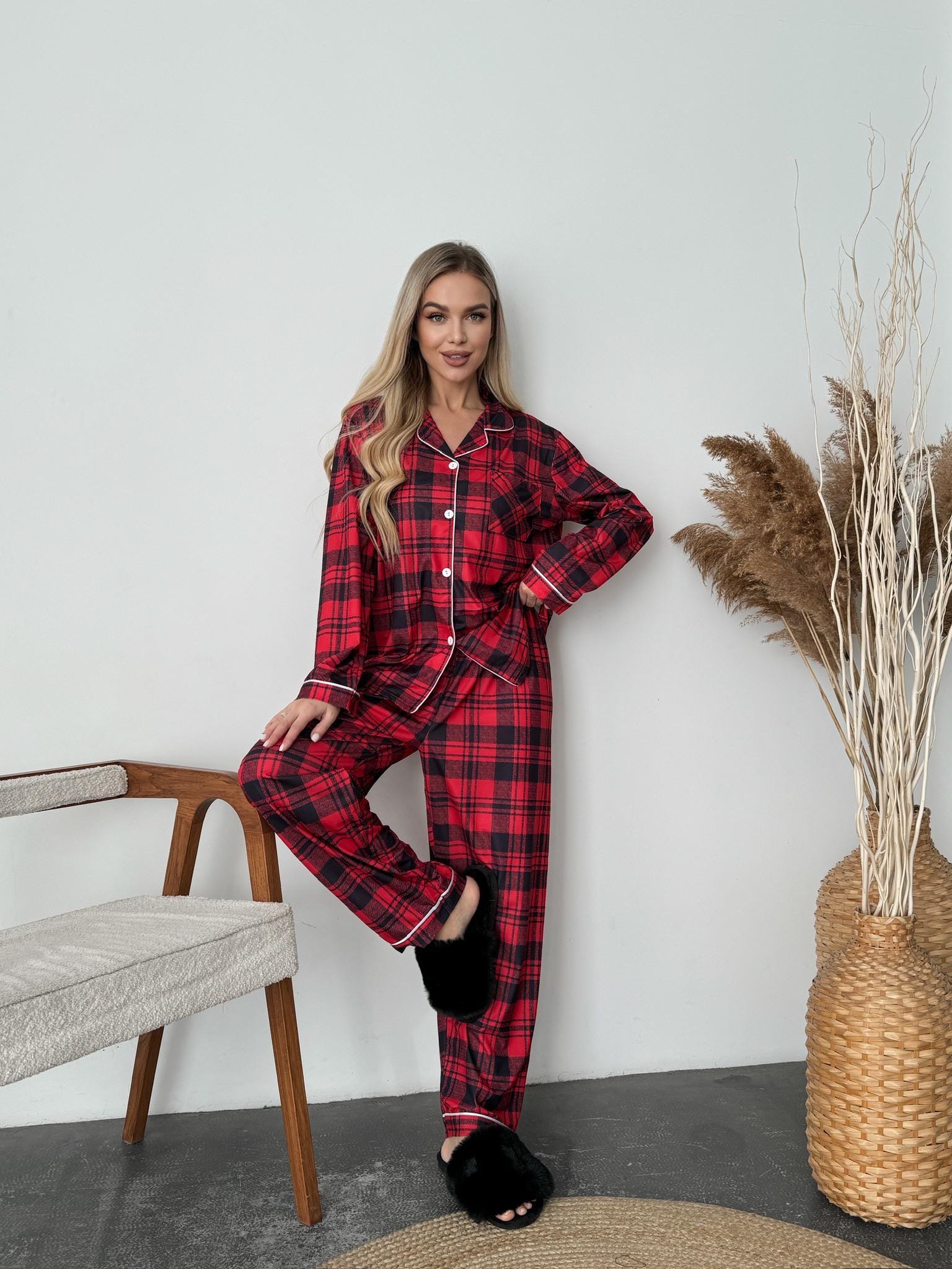Anjue Women's Bridal Party Pajama Set - Red, Bamboo Viscose, Button Front (Style A, Size S) - View #2