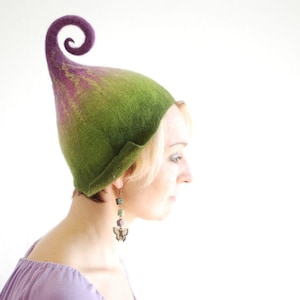 Felted gnome and elf fairy hat in green with purple or any other color/  MADE TO ORDER