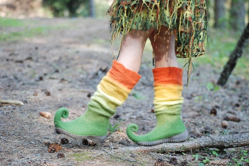 Fairy shoes curly toes boots green orange yellow woodland