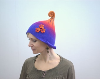 Felted gnome hat purple orange hat with three flowers from Merino wool MADE TO ORDER custom colors any sizes