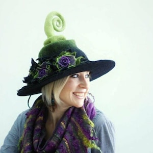 Witch hat wizard hat witch costume brim hat with flowers felted from wool green black Haloween costume  choose your own colors