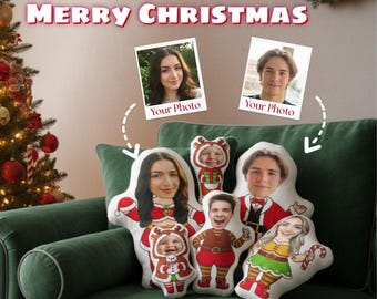 Custom Elf Doll Face Pillow - Personalized Face Photo Pillow, Christmas Couple Cushion, Birthday Gift For Him, Christmas Gift for Her