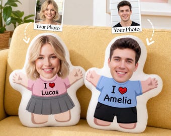 Custom Face Photo Pillow - Mini Me with I Love Design, Gift for Couples, Boyfriend Birthday Gift, Long Distance Gift