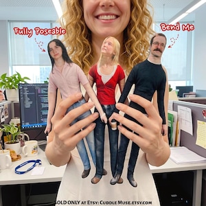 May include: Three custom fabric dolls featuring printed photographic faces and clothing. The left doll wears a pink shirt and blue jeans, the center doll a red shirt and blue jeans, and the right doll a black shirt and dark pants. Text reads Fully Poseable and Bend Me.