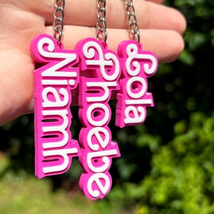 Personalised Pink Doll Name Keyring | Custom 3D Printed Keyring | Pink Doll Inspired Style | Decorative Keychains | Girl/ Princess Gifts
