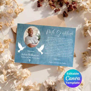 Tarjeta de agradecimiento por funeral, tarjeta de agradecimiento conmemorativa editable, tarjeta de agradecimiento por condolencias, en memoria amorosa, celebración de la vida, tarjeta conmemorativa